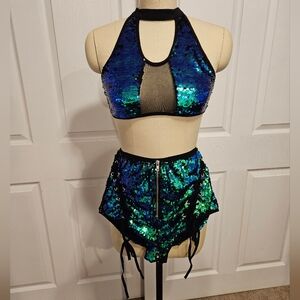 IHeartRaves Blue Green Sequin Rave Set Size M